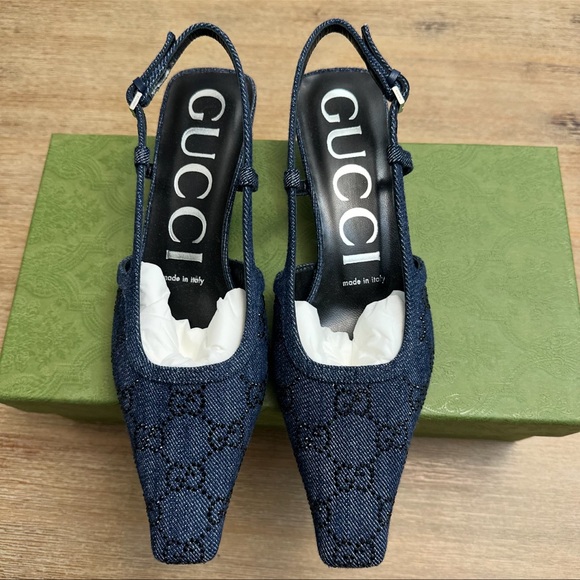Gucci GG Embellished Denim Slingback Kitten Heel Pumps 36.5 - Picture 5 of 7